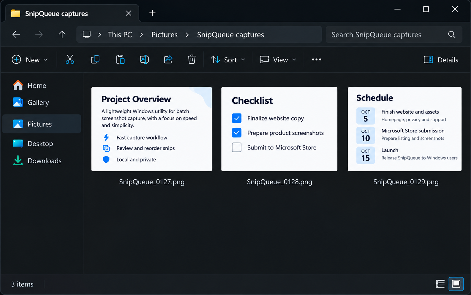 Windows Explorer showing SnipQueue_0127.png, SnipQueue_0128.png and SnipQueue_0129.png
